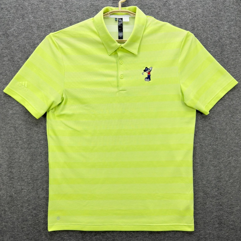 Adidas Disney Polo Shirt Mens Medium Yellow Stripe Mickey Mouse Golf Performance